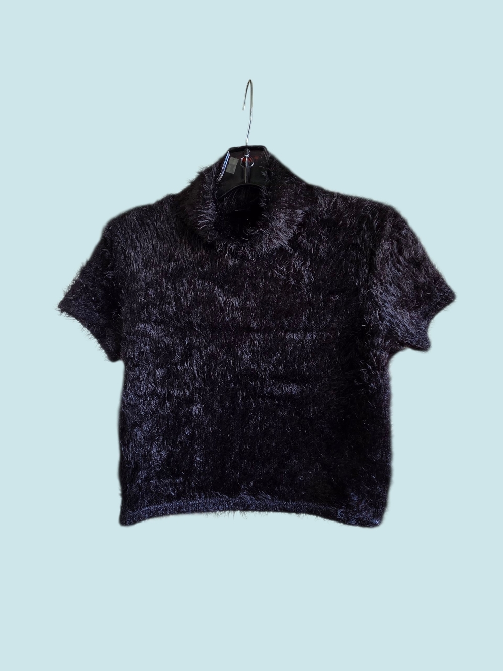 Retro black Fuzzy Short-Sleeve Mock Neck Top Rockabilly
